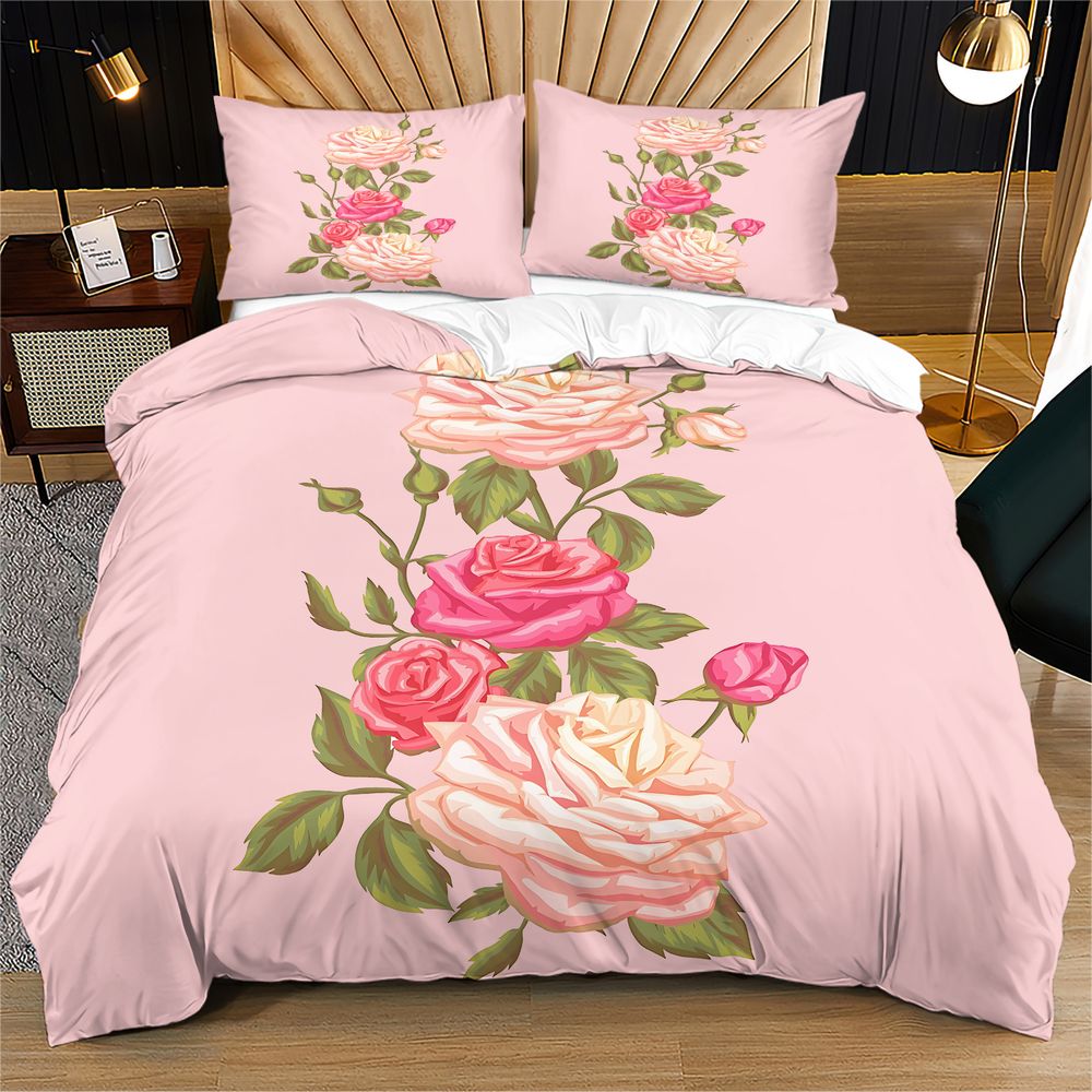 Aesthetic Floral Duvet Cover - Miękki Różowy Zestaw Pościeli z Nadrukiem