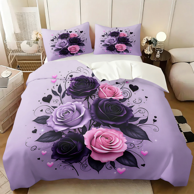 Aesthetic Floral Duvet Cover - Fioletowo-Czarno-Różowy Zestaw Poszewek na Kołdrę z